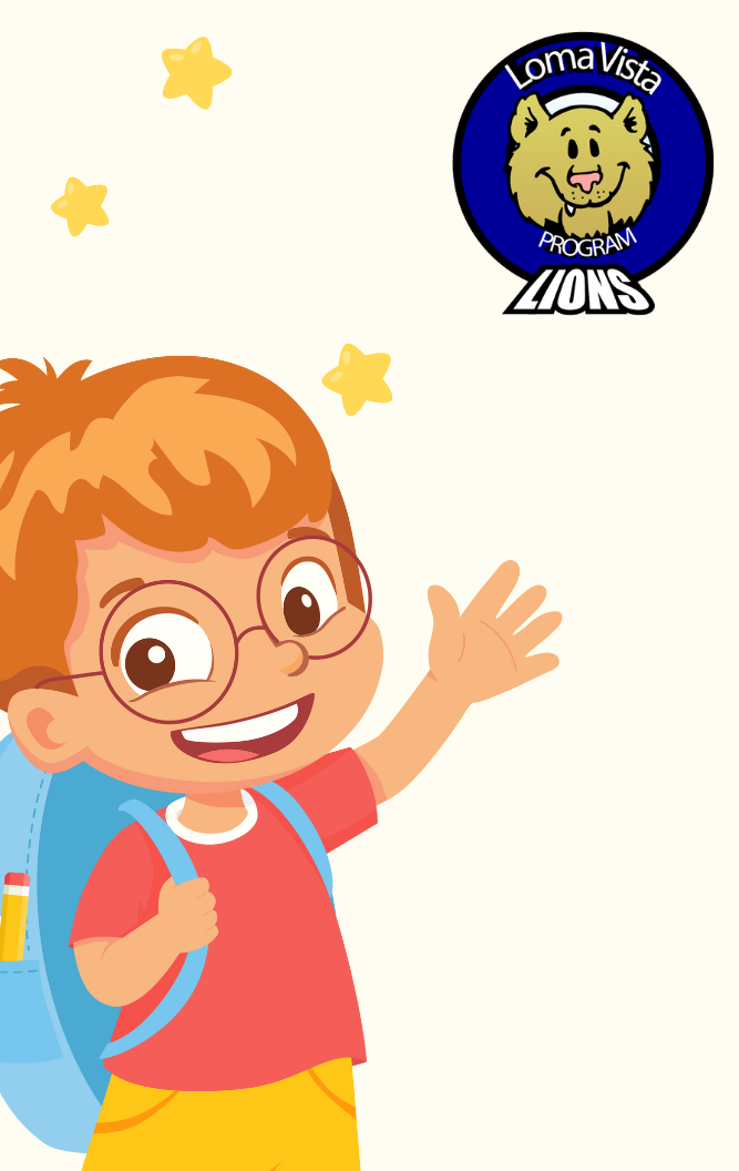 Boy with backpack in cartoon and Loma Vista logo